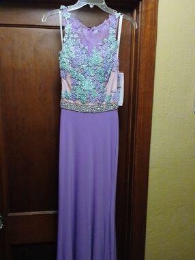 Rachel Allan Lavender Gown with Mint Appliqué and Beaded Waist